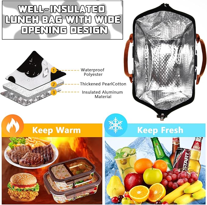 LOKASS Lunch Box for Women-Insulated Adults Lunch Bag with Front Pocket-Cute Lunch Tote for Work-Reusable Cow Print Cooler Bag for Office Picnic Beach or Travel