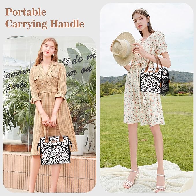 LOKASS Lunch Bag Women Insulated Lunch Box Wide-Open Lunch Tote Bag Large Cooler Bag for Work Picnic Hiking Beach Fishing(Leopard)