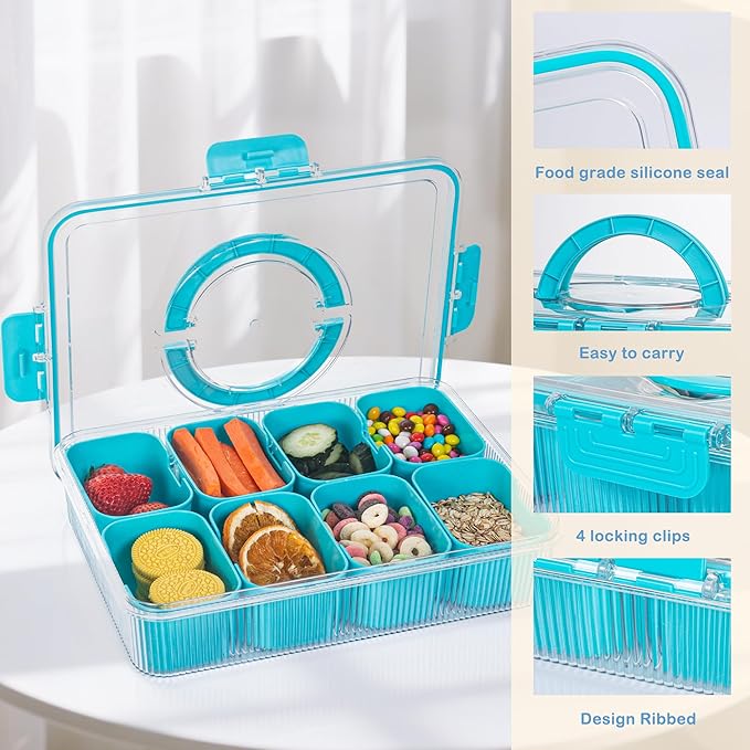 Patent Design Ribbed Snackle Box Container Divided Serving Tray with Lid and Handle -Charcuterie Container Portable Storage Organizer for Candy, Fruit, Beach, Picnics(1 pcs, Lake blue)