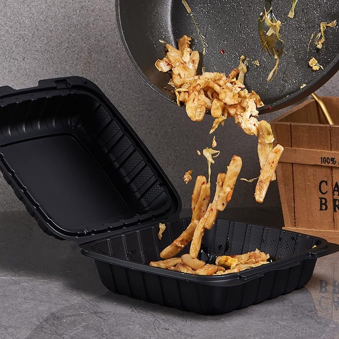 8X8 1-Compartment 50-Pack Plastic Clamshell Takeout Food Trays Heavy Duty Togo Disposable Box Carryout Meal Prep Packaging Catering Hinged Containers With Secure Snap Lid (Formerly FULING)