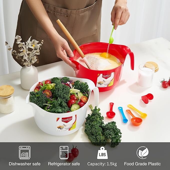 2 Pcs Large Mixing Bowls with Handles, 3.6 qt - Plastic Nesting Bowls for Kitchen, Lightweight Batter Bowls, Easy to Clean, White & Red