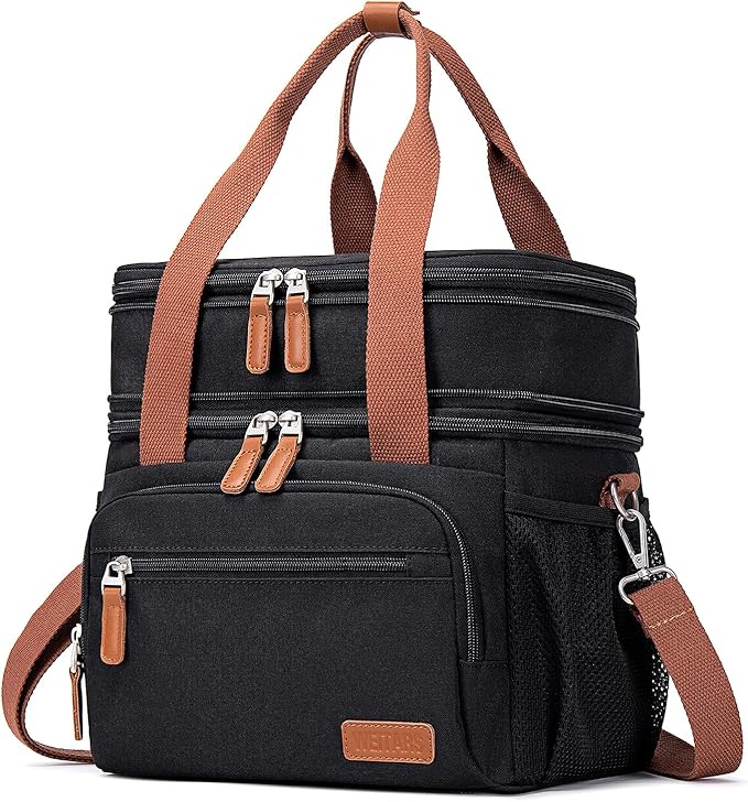 Weitars Lunch Bag For Women Men-Dual Compartment Large Lunch Box For Men Adult Lunch Box For Nurse Office Working Picnic Hiking (15L, Black/kahki)