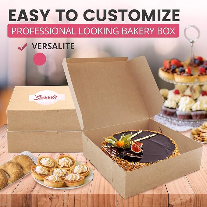 Fit Meal Prep 10 Pack Kraft Bakery Boxes, 8 x 8 x 3 Inches Brown Pastry Boxes, Cardboard Treat Boxes Pie Boxes Cookie Boxes Dessert Boxes for Cupcakes, Chocolates, Donuts, Macarons