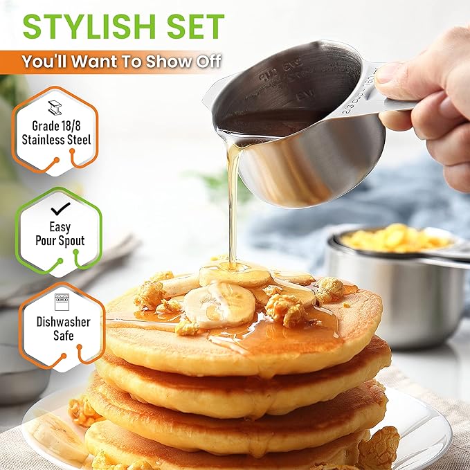Spring Chef Magnetic Ice Scoop with Soft Grip Handle, Black & Stainless Steel Round Measuring Cups, Set of 7-2 Product Bundle