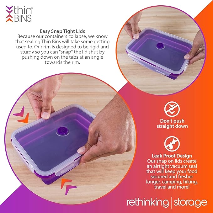 Thin Bins Collapsible Containers – Set of 2 Extra Large Rectangle Silicone Food Storage Containers – BPA Free, Microwave, Dishwasher and Freezer Safe