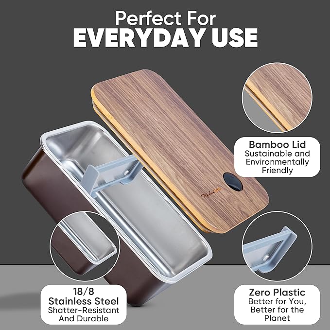 Leak Resistant Stainless Steel Bento Box For Adults|Stainless Steel Lunch Box for Adults |44Oz| BentoBox/Lunchbox| Lunch Container | Microwave Safe (Bottom container) |Bamboo Lid- Mocha Brown