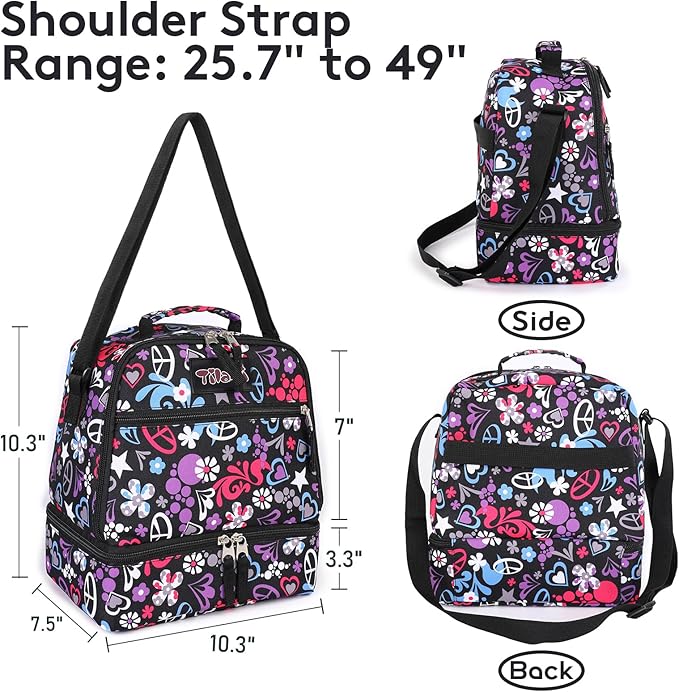 Tilami Lunch Bags Insulated Adjustable Strap Zipper, Water-Resistant Cooler Bags, Bento Bags for Kids Toddlers, Heart Black
