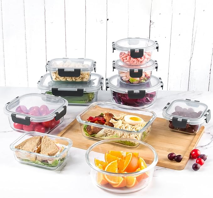 12 Pack Glass Storage Containers with Lids, Glass Meal Prep Containers Set, Airtight Food Storage Containers, Grey