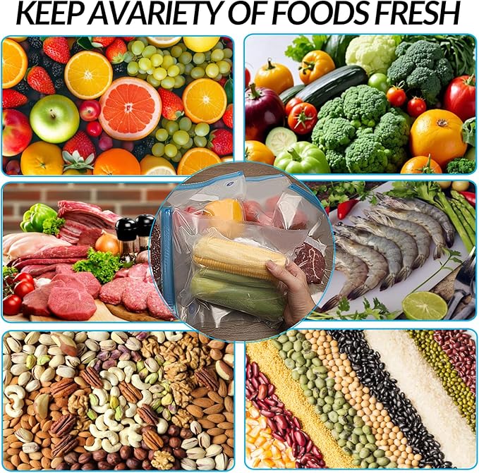 Sous Vide Bags 27Pcs, BPA Free Reusable, Double-Layered Food Storage (11 x 10 in) for Cooking, Food Storage, and Microwave Heating. Includes 20 Vacuum Zipper Bags, 2 Seal Clips, and 5 Air Valves.