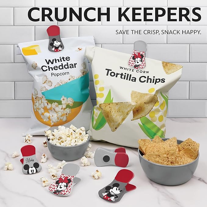 Disney Magnetic Chip Clips – Set of 6 Bag Clips for Food Storage - Mickey, Minnie, Lilo & Stitch, Winnie The Pooh – Durable Airtight Bag Chip Clips for Pantry & Fridge Use