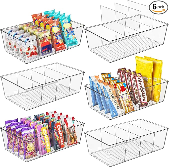 Moretoes 6 Pack Snack Organizers, Pantry Organizer and Storage, Clear Food Storage Organizer Bins, Plastic Fridge Organizer and Cabinet Organizers for Kitchen, Condiment, Pouches Food, Packets Spices