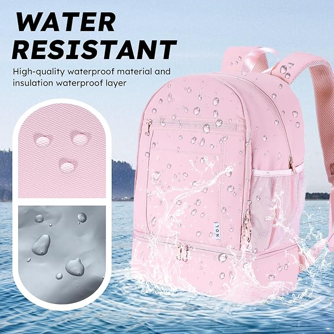 NOL Natural Organic Lifestyle Kids 2-in-1 Backpack & Insulated Lunch Bag - 16" Multi-Functional Large Compartments Backpack for School & Travel, Double Deck, Water Resistant, Leak-proof, Padded (Pink)