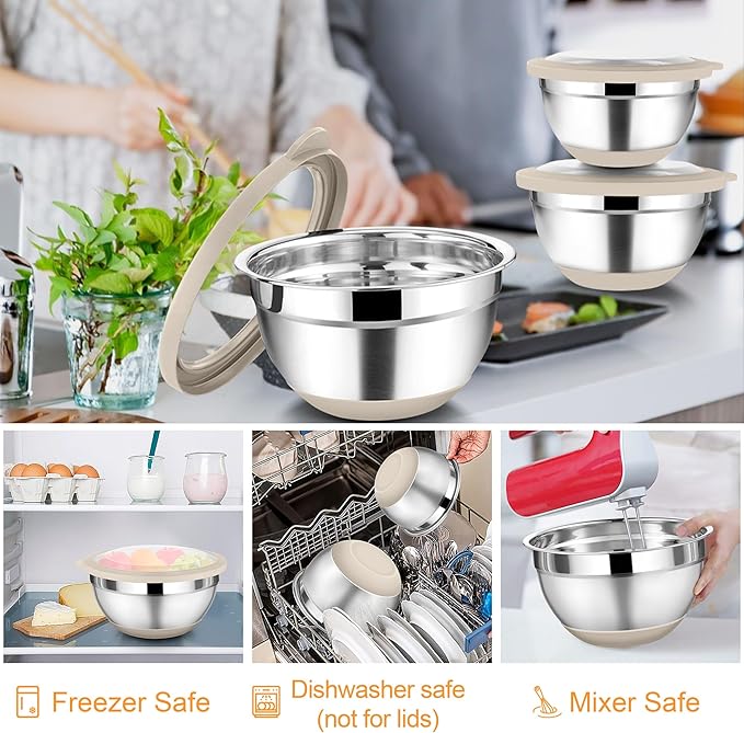 TeamFar Mixing Bowls Set of 6, Stainless Steel Salad Mixing Bowls with Visible Lids, Metal Nesting for Mixing Serving Prepping, Non-Slip & Airtight, 4.6/3.5/2/1.5/1/0.7 QT, Khaki