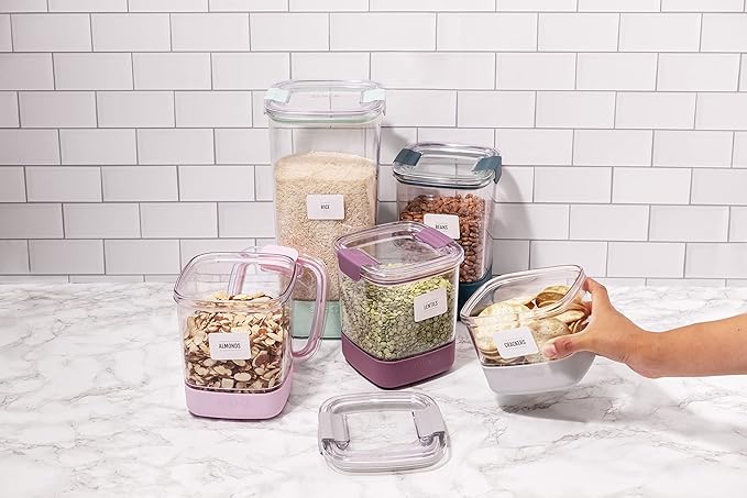 Ello Airtight Food Storage Plastic Canisters with Non-Slip Base Locking Lids and Labels for Kitchen and Pantry Organization Perfect for Sugar, Cereal, Pasta | Set of 5 Mixed Set | Garden Goals