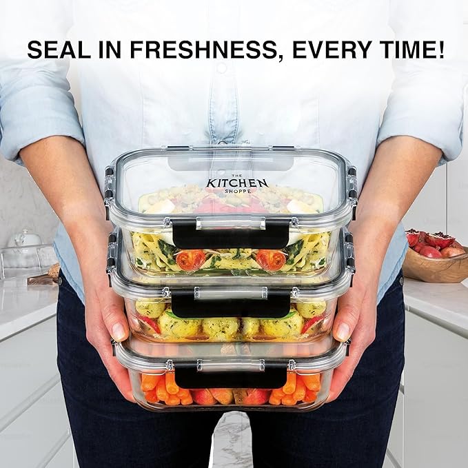 KITCHEN SHOPPE 24-Piece Borosilicate Glass Food Storage Containers | BPA-Free, Airtight, Reusable, Stackable Set for Meal Prep, Leftovers, or Lunch | Freezer, Oven, Microwave & Dishwasher Safe