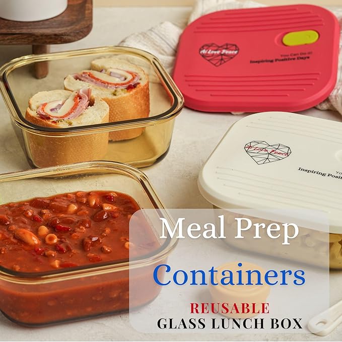 AI LOVE PEACE Glass Lunch Containers for Women Adults, Microwave Safe Glass Lunch Box,Leak Proof BPA-Free, Durable, Built-in Vent - Ideal for Meal Prep & On-the-Go Lunches (White)