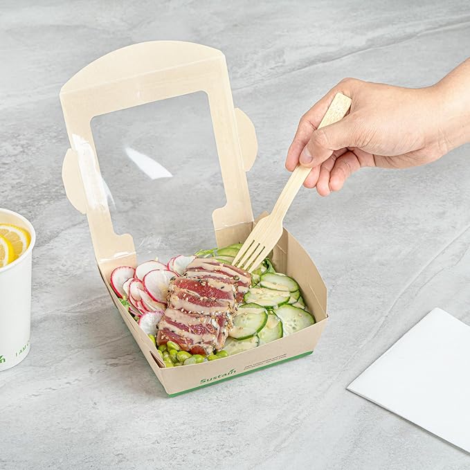 Restaurantware-Sustain 26 Ounce Sturdy Paper Take Out Boxes, 50 Disposable Take Out Food Containers - With PLA lining, Clear PLA Window, Bamboo Paper Containers, Compostable, Tab-Lock Design
