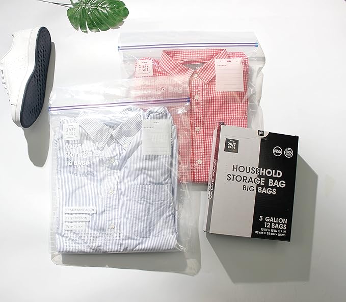 12 Large Plastic Storage Bags, 3 Gallons, Zero BPA, Double Zipper Seal, 3 Mils Thick, Double Layer Carry Handle, 15"x15"x7", Moving, Seasonal, Travel