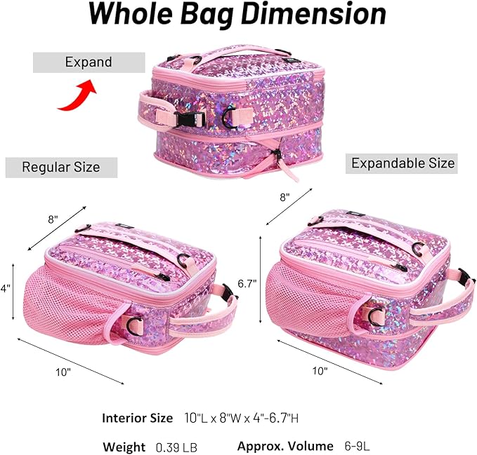 MIER Expandable Lunch Bag Insulated Lunch Box for Teen Girls Women to School Work Travel Portable Lunchbox Bags with Shoulder Strap and Water Bottle Holder(Pink)