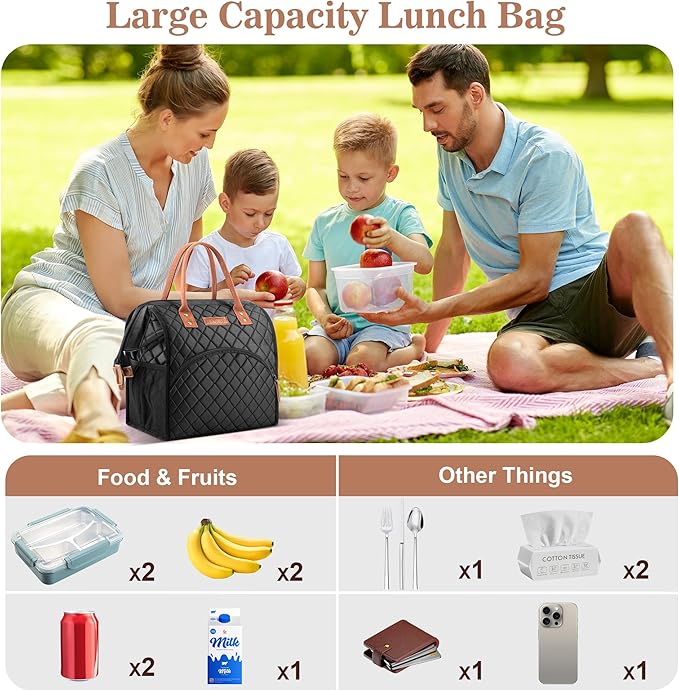LOKASS Insulated Lunch Bag for Women & Men - Reusable 10 L Lunch Box for Women - Leakproof Tote Cooler Bag for Adults Work, Beach, Travel, Picnic (Black)