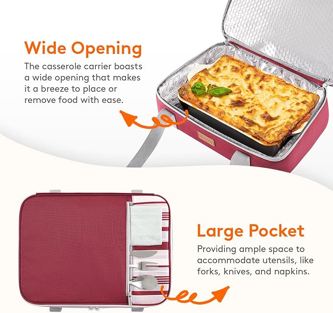 Lifewit Expandable Insulated Casserole Carrier for Hot or Cold Food, Double Decker Food Bag Lasagna Holder Carry Tote for Potluck Parties/Picnic/Cookouts, Fits 9"x13" Baking Dish, Red