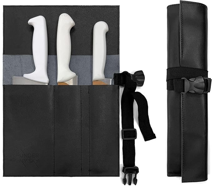 Under NY Sky Genuine Leather Knife Roll Case - 3 Slots - Real Leather Pouch - Portable Bag for Cooking Tools, Utensils, Cutlery Knives, Brushes - Chefs, Kitchen, Travel, Gift - Black L