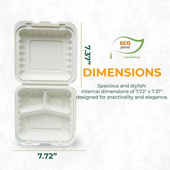 Compostable Food Containers with Lids | Durable, Biodegradable, and Eco-Friendly (50, Square P3)