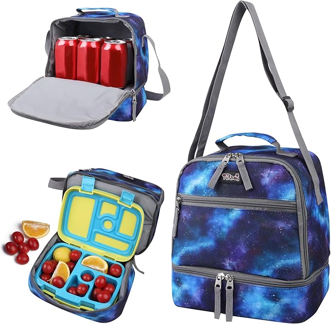 Lunch Bags Insulated Adjustable Strap Zipper, Water-Resistant Cooler Bags, Bento Bags for Kids Toddlers, Galaxy Deep Blue