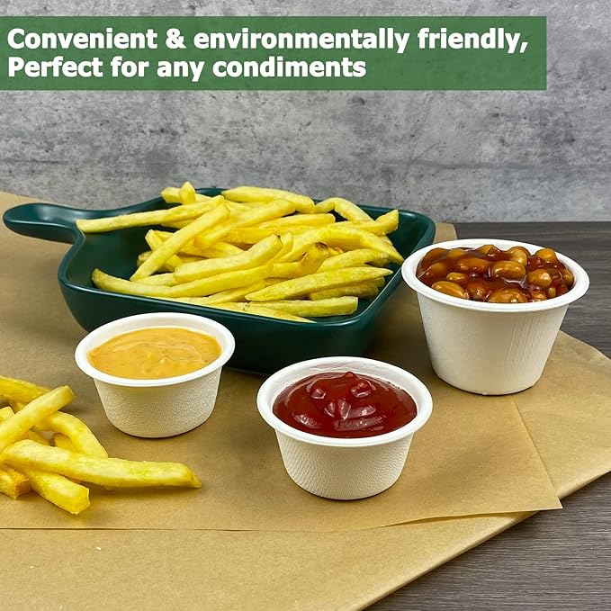 CAMKYDE 4 oz Disposable Bagasse Fiber Souffle Cups 200pk, 100% Natural Biodegradable Compostable Condiment Cups Sample Cup Tasting Cup (White, Pack of 200)
