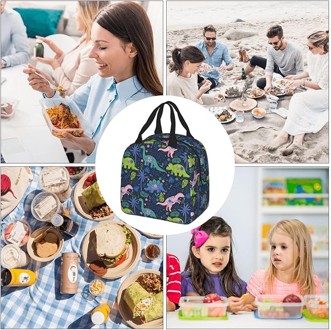 Dinosaur Lunch Box Cartoon Cute Animals Insulated Lunch Bag for Women Men Reusable Cooler Navy Dinosaur Flowers Lunch Tote Bag with Front Pocket for Hiking Picnic Travel Office, wjoy-box-8