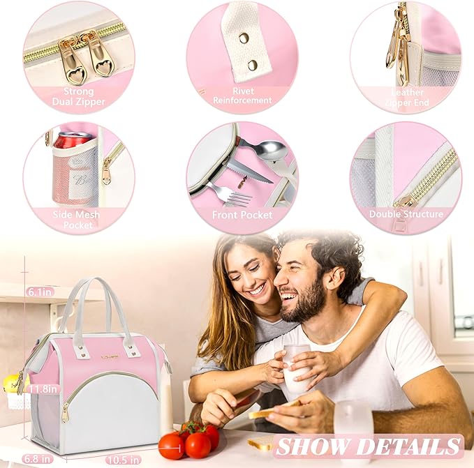 LOKASS Lunch Bag Women Insulated Lunch Box, Wide-Open Lunch Tote Bag Leak-proof Cooler Bag for Work Picnic-(Light Pink)