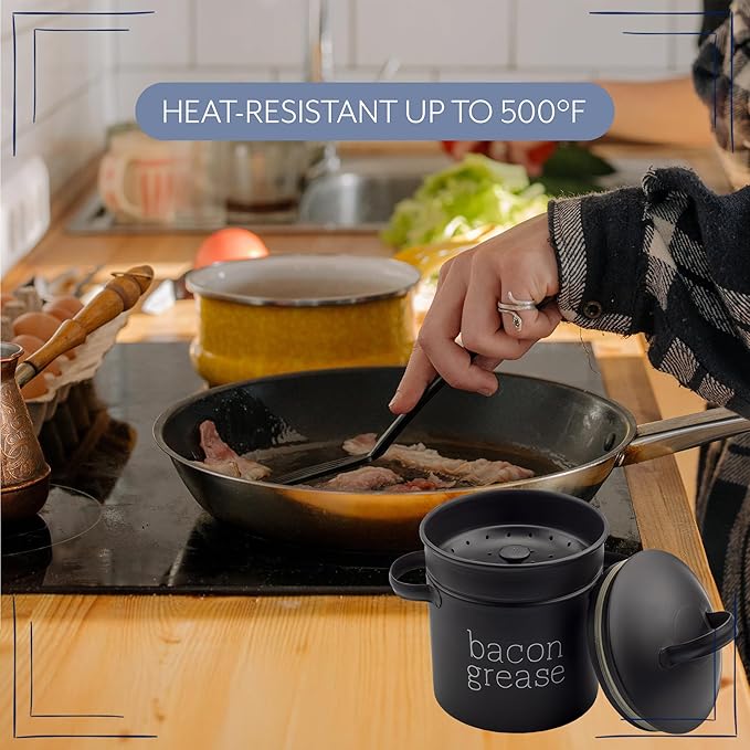 AuldHome Design Farmhouse Bacon Grease Container (Black), Enamelware Bacon Grease Can w/ Strainer, Vintage Style, Keto-Friendly