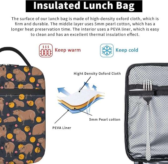 YETTA YANG Capybara Doodle Botanical Circle Wildlife Portable Lunch Bag Insulated Lunch Box Reusable Totes For Women Men Work Picnic Camping