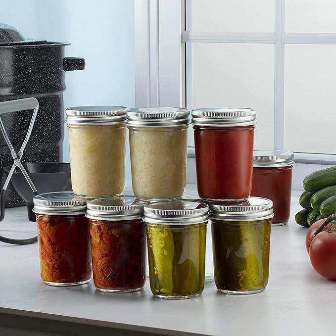 Paksh Novelty Glass Regular Mouth Mason Jars, 8 Oz Jars with Silver Metal Airtight Lids for Meal Prep, Dry Food Storage, Canning, Drinking, for Overnight Oats, Jelly, Spices, Salads, Yogurt (6 Pack)