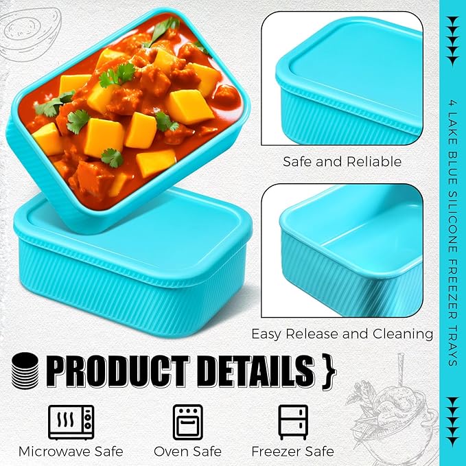 Nuogo 4 Pcs 3.5 Cup Silicone Freezer Trays with Lid Soup Freezer Containers Reusable Silicone Molds Rectangle Containers Freezing Ice Trays for Soups Sauces Stews Curries, Lake Blue