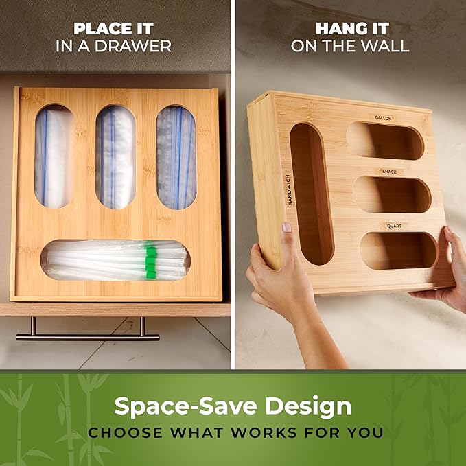 Storage Bag Organizer, Sandwich Bag Organizer - Bamboo Monoblock Design with Labels Included, Quick Refill Slider, by Woodenhouse