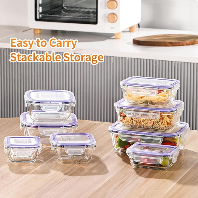 HOMBERKING 8 Pack Glass Food Storage Containers with Lids, Meal Prep Containers, Airtight Bento Boxes with Leak Proof Locking for Microwave, Oven, Freezer and Dishwasher, BPA Free, 5-35oz, purple