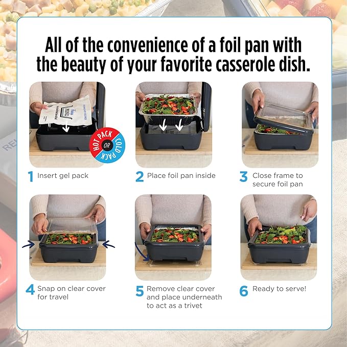 Fancy Panz Premium, Serving Tray for Food, Made in the USA Foil Pan Carrier, Stackable Aluminum Pan Holders, Travel Casserole Carrier, Denim Blue
