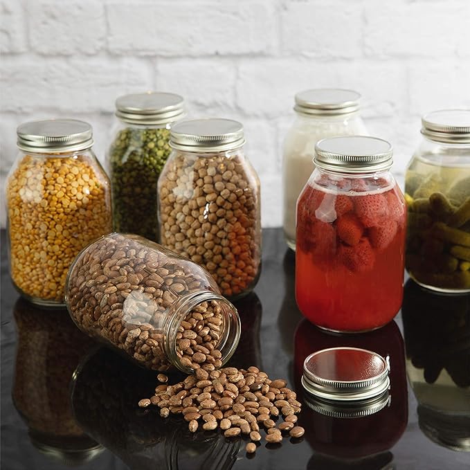 12 Pack of 32oz Mayo Style Glass Mason Jars and Metal Leak Proof Lids for Pickling, Fermenting, Canning and Storing. Containers for Pickles, Kombucha, Preserves, Sauces, Kefir, Fruits,