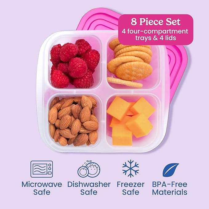 Bentgo Easyboxes 4-Compartment Snack Containers - 8-Piece Set with 4 Trays & 4 Custom-Fit Lids to Seal in Freshness - Reusable Food Storage & Meal Prep Bento BPA-Free Containers (Brights)
