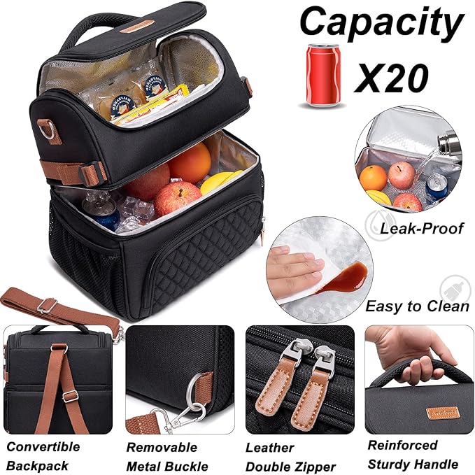 Artelaris Lunch Bag for Women, Large Double Deck Lunch Box Tote for Work, Dual Compartment Insulated Leakproof Lunchbox Cooler for Adult