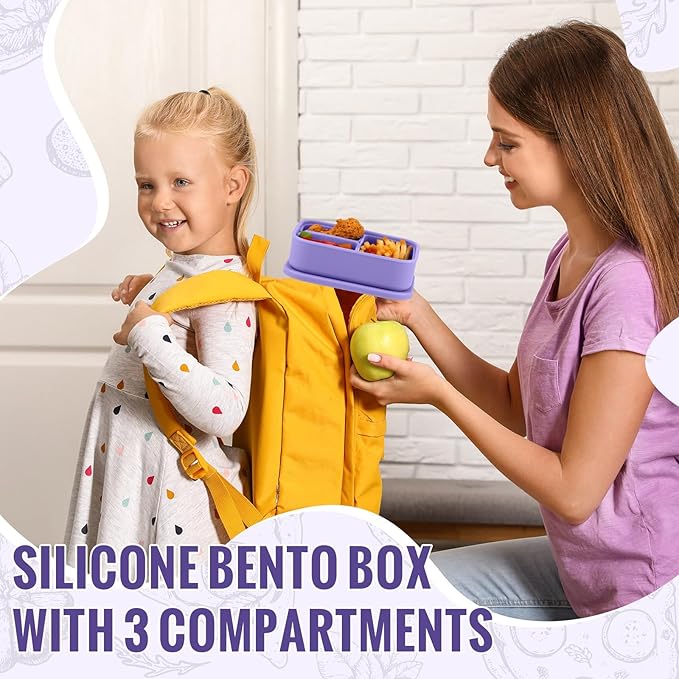 Baderke 2 Pcs Silicone Bento Box for Kids Lunch Box with 3 Compartments Leak proof lunch Container for Children Toddlers for Microwave, Freezer and Dishwasher(Light Purple, Light Pink)