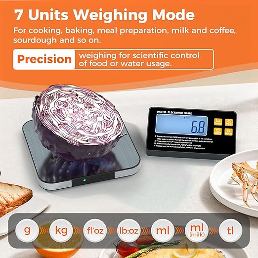 Food Scale with Split Wireless LCD Display, 33lb/15kg Digital Kitchen Scale with 7 Units Tare Function, 1g High Accurate Smart Cooking Scale for Baking/Cooking/Meal Prep/Milk/Dieting/Weight Loss