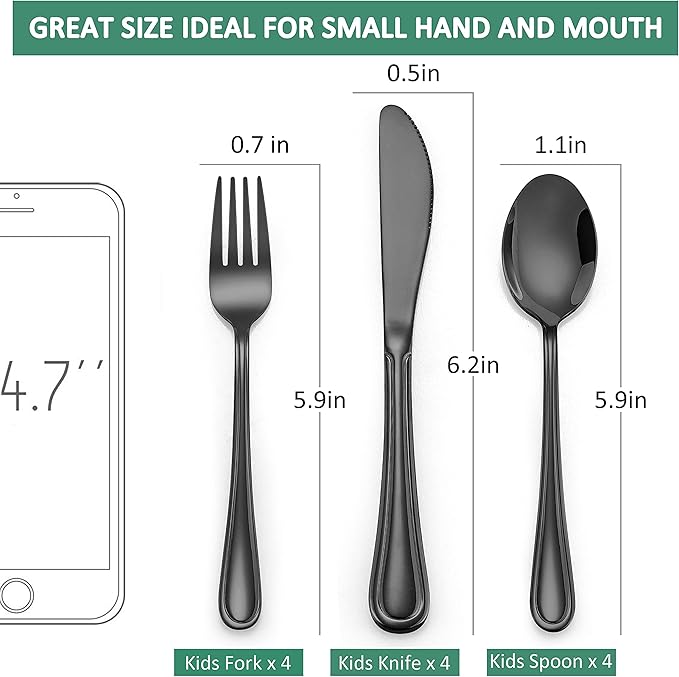 LIANYU 12-Piece Black Kids Silverware Set, Stainless Steel Toddler Utensils Flatware Set, Child Cutlery Tableware for 4, Include knife Fork Spoon, Mirror Finished, Dishwasher Safe