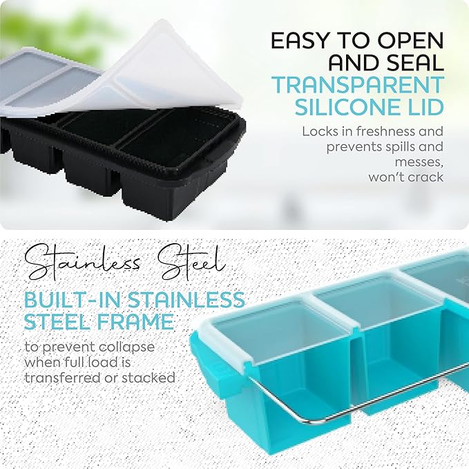 Silicone Freezer Tray With Lid - Soup Freezer Container molds - Large Ice Cube Tray- makes 8 perfect 1 cup portions cubes, 2-Pack Freezer Storage Food Soups & Meal Prep - Oven & Dishwasher -Safe