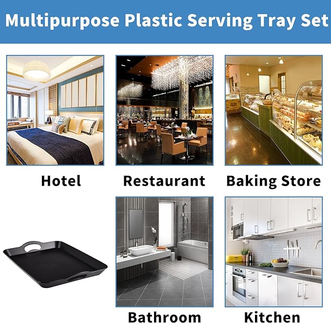 Plastic Tray with Handles, 2 Pack Multi-Purpose Rectangular Non Slip Restaurant Serving Trays Set for Parties, Coffee Table, Kitchen(9.5x14.6 inch)