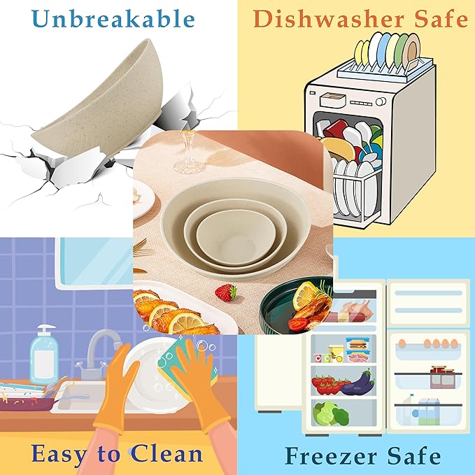 Multi-Size Salad Bowls for Kitchen,Unbreakable and Stackable Wheat Straw Bowls Easy to Clean and Bpa Free,Plastic Bowl Reusable for Camping,Picnic,Hiking and R.V. Beige