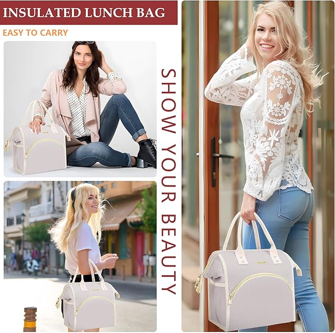 LOKASS Lunch Bag Women Insulated Lunch Box Wide-Open Lunch Tote Bag Large Cooler Bag for Work Picnic Hiking Beach(Light Gray)