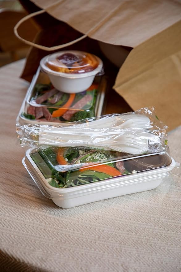 ECO PRODUCTS Compostable 24oz To Go Containers, Case of 400, 8.4"x5.5"x1.5" Rectangle Box, Disposable Renewable White Molded Fiber, No-Added PFAS, Tree-Free, Lid Available, BPI-Certified
