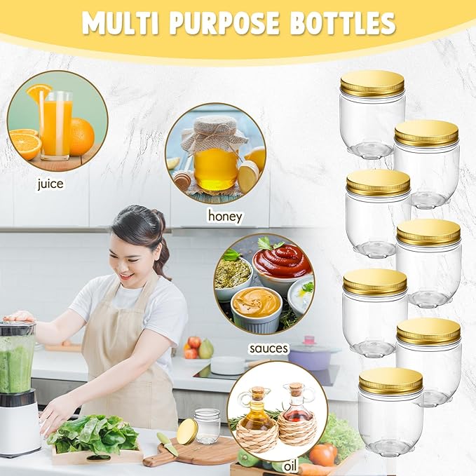 Tanlade 60 Pcs 4 oz Clear Plastic Wide Mouth Mason Jars with Lids Small Honey Jar Mini Storage Containers Bulk for Herb Jelly Butter Wedding Favors Shower Party(Gold)